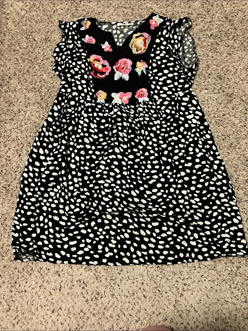 Black & White Spot Dress with Floral Embroidered Yoke